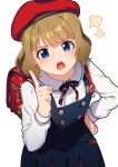  1girl angry backpack bag beret blonde_hair blue_eyes commentary crime_prevention_buzzer dress hand_on_hip hat idolmaster idolmaster_million_live! idolmaster_million_live!_theater_days index_finger_raised kamille_(vcx68) looking_at_viewer pinafore_dress randoseru school_uniform short_hair solo suou_momoko teeth white_background 