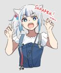  1girl animal_ears bangs blue_eyes blue_hair blush cat_ears fish_tail food gawr_gura hair_ornament hololive hololive_english looking_at_viewer multicolored_hair open_mouth shark_tail silver_hair smile solo streaked_hair tail virtual_youtuber 