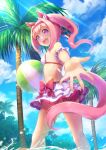  1girl absurdres animal_ears ass ball beachball bikini bikini_skirt bow breasts clouds from_behind hair_bow hair_intakes haru_urara_(umamusume) headband highres horse_ears horse_girl horse_tail long_hair looking_back open_mouth outdoors outstretched_hand palm_tree pink_eyes pink_hair ponytail ribbon saroganache skirt sky small_breasts smile solo swimsuit tail tree umamusume wading water white_bikini white_skirt 