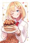  1girl animal_print bangs blonde_hair blue_eyes blush breasts bubba_(watson_amelia) cake dog_print english_commentary food food_on_face hair_ornament hakamii happy_birthday highres holding hololive hololive_english large_breasts long_sleeves looking_at_viewer medium_hair monocle_hair_ornament necktie one_eye_closed open_mouth plaid plaid_skirt plate red_neckwear shirt skirt smile solo star_(symbol) upper_body virtual_youtuber watson_amelia white_shirt 