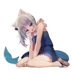  1girl animal_ears bangs blue_eyes blue_hair cat_ears fish_tail gawr_gura highres hololive hololive_english looking_at_viewer multicolored_hair open_mouth overalls shark_tail sharp_teeth side_ponytail silver_hair smile solo streaked_hair sue_(bg-bros) tail teeth virtual_youtuber 