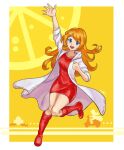  1girl arm_up bangs boots comma03 dress facial_hair ground_vehicle labcoat long_hair looking_at_viewer mona_(warioware) motor_vehicle motorcycle mustache nose open_mouth orange_hair red_dress red_footwear silhouette smile solo warioware yellow_background 