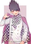  1boy artist_name bangs black_hair blush buttons checkered checkered_scarf cosplay cowboy_shot dangan_ronpa_(series) dangan_ronpa_v3:_killing_harmony double-breasted english_commentary eyebrows_visible_through_hair facial_hair goatee hakamii hand_up highres holding jacket jacket_on_shoulders long_sleeves looking_at_viewer male_focus momota_kaito open_mouth ouma_kokichi ouma_kokichi_(cosplay) pants pink_background pink_jacket repost_notice scarf solo spiky_hair straitjacket white_background white_jacket white_pants 