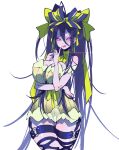  1girl arm_under_breasts artist_name babydoll bangs black_hair bow breast_squeeze breasts garter_straps green_bow hair_between_eyes hair_bow huge_breasts long_hair multicolored_bow original pink_hair sidelocks smjmworks solo thigh-highs tongue twintails very_long_hair watermark yellow_babydoll yellow_neckwear 