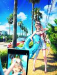  2boys 4girls anko_anko aqua_hair aqua_nails arms_behind_head bag blonde_hair blue_hair blue_shorts blue_sky blurry blurry_foreground bottle bow bra brown_eyes brown_hair car cellphone commentary day eating food goggles goggles_around_neck ground_vehicle hair_bow hand_up hatsune_miku highres holding holding_innertube holding_phone innertube kagamine_len kagamine_rin kaito looking_at_viewer megurine_luka meiko motor_vehicle multiple_boys multiple_girls nail_polish open_mouth outdoors palm_tree phone popsicle pose pov pov_hands power_lines road shark_print shirt short_hair shorts sitting sky smartphone smile spaghetti_strap spiky_hair street summer taking_picture tree underwear utility_pole vocaloid water_bottle waving white_bow white_shirt white_shorts yellow_shorts 