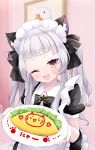  1girl ;d alternate_costume animal_ears apron bangs black_dress blunt_bangs blush cat_ears cocozasa cowboy_shot dress dress_shirt enmaided fang food hair_ribbon heart highres holding holding_plate hololive incoming_food long_hair looking_at_viewer maid maid_apron maid_headdress murasaki_shion omurice one_eye_closed open_mouth plate puffy_short_sleeves puffy_sleeves ribbon shirt short_eyebrows short_sleeves sidelocks silver_hair smile solo subaru_duck twintails upper_body white_apron yellow_eyes 