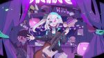  1girl character_doll controller electric_guitar green_eyes guitar gun highres hizuki_miu holding holding_instrument instrument joystick long_hair miraizu miu_channel rifle shirt side_ponytail solo virtual_youtuber weapon white_shirt 