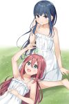  2girls bangs barefoot blue_eyes blue_hair child closed_mouth clover dress eyebrows_visible_through_hair eyes_visible_through_hair grass hair_down hair_ornament hand_in_hair hand_on_own_stomach hands_on_ground highres holding kagamihara_nadeshiko keito4f light_blush lying multiple_girls on_back open_mouth pink_hair shima_rin sitting sitting_on_lap sitting_on_person smile twintails violet_eyes white_dress younger yurucamp 