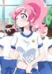  1girl 6+boys absurdres blue_collar blue_shorts blue_sleeves blurry blurry_background blush close-up collar collarbone commentary day depth_of_field eyebrows_visible_through_hair fanning_self gym gym_shirt gym_shorts gym_uniform headband high_ponytail highres kiratto_pri_chan long_hair looking_to_the_side momoyama_mirai motion_lines multiple_boys navel pink_hair pretty_(series) raised_eyebrows shiny shiny_hair shiny_skin shirt shirt_lift shorts sidelocks solo_focus stomach striped striped_shorts sugimura_mickey sweat tree upper_body violet_eyes white_headband white_shirt white_stripes window 