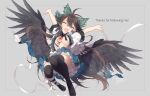  1girl :d ^_^ arms_up bangs bird_wings black_hair black_legwear black_wings blouse bow breasts closed_eyes eyebrows_visible_through_hair full_body green_bow grey_background hair_between_eyes hair_bow leg_ribbon open_clothes open_mouth outstretched_arms reiuji_utsuho ribbon short_sleeves signature simple_background smile solo starry_sky_print thigh-highs third_eye touhou toutenkou white_blouse white_ribbon wings 