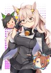  3girls :o ^^^ ahoge animal_ears bangs biwa_hayahide_(umamusume) black_capelet black_gloves black_hair black_jacket black_legwear black_skirt blue_eyes blush breasts brown_eyes brown_hair capelet check_commentary closed_mouth collar commentary_request cosplay cowboy_shot crown ear_ornament ear_ribbon eyebrows_visible_through_hair frown glasses gloves hair_between_eyes hair_ornament hair_over_one_eye hairclip halftone halftone_background highres horse_ears horse_girl horse_tail inset jacket kantai_collection kikumon large_breasts long_hair looking_at_viewer mini_crown miniskirt multiple_girls musashi_(kancolle) musashi_(kancolle)_(cosplay) narita_taishin_(umamusume) no_mouth open_mouth partially_fingerless_gloves purple_background red-framed_eyewear red_eyes remodel_(kantai_collection) semi-rimless_eyewear short_hair sidelocks skirt sparkle standing tail thigh-highs umamusume under-rim_eyewear very_long_hair white_background winning_ticket_(umamusume) yasume_yukito 