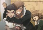  3boys :d arm_around_neck armband bangs black_coat black_hair breast_pocket brown_hair clenched_teeth closed_eyes coat collarbone dangan_ronpa:_trigger_happy_havoc dangan_ronpa_(series) fang fujisaki_chihiro gakuran green_jacket green_ribbon grey_eyes highres holding ishimaru_kiyotaka jacket leaning_forward long_hair long_sleeves male_focus multiple_boys no-kan oowada_mondo open_mouth otoko_no_ko pocket pompadour red_eyes ribbon school_uniform shirt short_hair smile teeth uniform upper_body upper_teeth white_gakuran white_shirt 