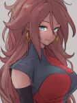  1girl android_21 blue_eyes breasts checkered checkered_dress closed_mouth dragon_ball dragon_ball_fighterz dress earrings grey_background hair_between_eyes hoop_earrings jewelry kemachiku large_breasts long_hair looking_at_viewer no_eyewear redhead simple_background smile solo upper_body 