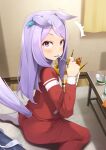  1girl ^^^ animal_ears aqua_ribbon ear_ribbon eating holding holding_spoon horse_ears horse_girl horse_tail jacket long_hair looking_at_viewer mejiro_mcqueen_(umamusume) mofu_namako purple_hair red_jacket ribbon sitting sitting_on_floor solo spoon surprised tail track_jacket umamusume violet_eyes 