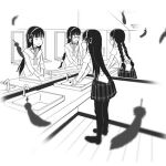  4girls akemi_homura bathroom black_feathers black_hair black_legwear black_skirt black_theme braid capelet closed_mouth different_reflection expressionless facing_away faucet feathers floor glasses hair_ribbon hairband himi_(2051350) indoors juliet_sleeves limited_palette long_hair long_sleeves lowres mahou_shoujo_madoka_magica mirror mitakihara_school_uniform monochrome multiple_girls multiple_persona neck_ribbon no_nose outstretched_arms pantyhose plaid plaid_skirt pleated_skirt puffy_sleeves reflection ribbon school_uniform semi-rimless_eyewear sink skirt solid_oval_eyes symbolism twin_braids under-rim_eyewear ventilation_shaft vignetting wall washing_hands wide-eyed wooden_floor 