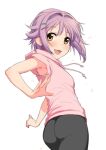  1girl :3 :d armpit_crease armpits ass bike_shorts brown_eyes eyebrows_visible_through_hair hair_intakes hair_ornament hairclip highres hood hoodie idolmaster idolmaster_cinderella_girls koshimizu_sachiko looking_back open_mouth pink_hair purple_hair sakaki_imasato short_hair short_sleeves smile solo sweat up_sleeve white_background yellow_eyes 