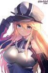  1girl bare_shoulders bismarck_(kancolle) blonde_hair blue_eyes blush breasts brown_gloves closed_mouth detached_sleeves eyebrows_visible_through_hair gloves hair_between_eyes hat highres kantai_collection large_breasts long_hair military military_hat military_uniform o-sirius peaked_cap simple_background solo twitter_username uniform upper_body white_background 
