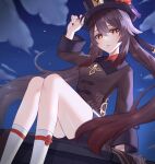  1girl absurdres akatsuki_(pixiv23539542) black_headwear black_nails black_shorts breasts brown_hair clouds genshin_impact half-closed_eyes hat_tip highres hu_tao jewelry long_sleeves looking_at_viewer nail_polish night night_sky parted_lips red_eyes ring short_shorts shorts sitting sky small_breasts socks solo symbol-shaped_pupils twintails 