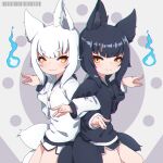  2girls animal_ear_fluff animal_ears bangs black_hair black_jacket black_shorts black_vs_white brown_eyes closed_mouth commentary_request eyebrows_visible_through_hair fox_ears fox_girl fox_tail grey_background highres hitodama jacket kuro_kosyou long_sleeves looking_at_viewer multiple_girls original short_eyebrows short_shorts shorts smile tail thick_eyebrows white_hair white_jacket white_shorts 