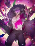  1boy arm_up bangs belt blood blood_from_mouth bloody_clothes bloody_hands blurry blurry_background brown_coat brown_hair brown_pants clenched_teeth coat collarbone dangan_ronpa_(series) dangan_ronpa_3_(anime) depth_of_field diffraction_spikes floating_clothes floating_hair fur_trim highres long_sleeves looking_at_viewer looking_up male_focus no-kan pants pectorals petals pink_background pink_blood pink_eyes sakakura_juuzou shirt short_hair solo sparkle teeth translation_request white_background white_shirt 