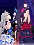  3girls ahoge angry artist_request blue_eyes braid bronya_zaychik bronya_zaychik_(herrscher_of_reason) chinese_commentary commentary_request dress drill_hair earrings elbow_gloves eye_contact gloves grey_eyes grey_hair hair_ornament height_difference honkai_(series) honkai_impact_3rd horns jewelry kiana_kaslana kiana_kaslana_(white_comet) layered_dress long_hair looking_at_another middle_finger multiple_girls oni_horns peeking_out purple_hair raiden_mei raiden_mei_(herrscher_of_thunder) red_horns red_pupils reflection sidelocks very_long_hair violet_eyes white_hair 