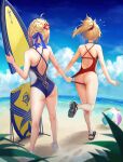 2girls ahoge anger_vein artoria_pendragon_(all) ass back ball bare_shoulders beach beachball blonde_hair blue_swimsuit braid broken commentary day fate/apocrypha fate/grand_order fate/stay_night fate_(series) female_ass flying_sweatdrops full_body hair_bun halterneck highleg highleg_swimsuit highres knees_together_feet_apart mordred_(fate) mordred_(fate)_(all) multiple_girls one-piece_swimsuit outdoors ponytail red_swimsuit saber sandals sky sleeveless standing surfboard swimsuit thighs_together tonee water