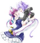  2girls ^_^ ahoge animal_ears blue_hair blush braid cat_ears cat_tail closed_eyes hololive hood hooded_jacket ichimi jacket lifting_person light_purple_hair long_hair maid midriff minato_aqua multicolored_hair multiple_girls nekomata_okayu open_mouth purple_hair shoes short_hair single_braid smile sneakers tail wristband 