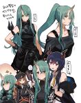  3girls alternate_hairstyle animal_ears aoki_(fumomo) arknights black_gloves blonde_hair blue_eyes blue_hair blush cat_ears ch&#039;en_(arknights) collarbone gloves green_hair highres horns hoshiguma_(arknights) long_hair multiple_girls oni_horns ponytail side_ponytail simple_background smile swire_(arknights) white_background yellow_eyes 