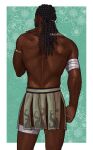  1boy absurdres armlet ass back bandaged_arm bandages beard black_hair braid clothing_request contrapposto copyright_request cowboy_shot dark_skin facial_hair facing_away floral_background from_behind green_background hand_up highres karshmallow long_hair male_focus shirtless solo toned tribal white_background 