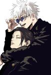  2boys adjusting_eyewear arm_around_neck black_eyes black_hair blue_eyes buttons closed_mouth expressionless eyelashes gakuran getou_suguru glasses gojou_satoru hair_bun hand_up highres hk_(i2r) jujutsu_kaisen long_sleeves looking_at_viewer male_focus multiple_boys open_mouth portrait round_eyewear school_uniform short_hair simple_background smile teeth tinted_eyewear tsurime upper_body white_background white_hair 