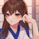  1girl alternate_hairstyle brown_eyes brown_hair close-up commentary_request hair_down japanese_clothes kaga_(kancolle) kantai_collection kozu_(bloomme1_me) lips long_hair looking_at_viewer solo tasuki upper_body 