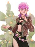  1girl black_skirt blush brown_jacket cactus cowboy_shot earrings green_eyes hands_up highres jacket jewelry jojo_no_kimyou_na_bouken long_sleeves looking_at_viewer medium_hair midriff parted_lips pink_hair skirt solo spider_ship trish_una vento_aureo white_background 