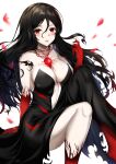 1girl absurdres arm_support bare_shoulders between_breasts black_dress black_hair blush breasts chain collarbone corruption counter_side deogho_(liujinzy9854) dress hair_between_eyes highres large_breasts looking_at_viewer pale_skin petals red_eyes solo strapless strapless_dress 