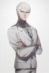  1boy bangs collared_shirt cowboy_shot crossed_arms dangan_ronpa_(series) dangan_ronpa_3_(anime) formal grey_background grey_eyes grey_jacket grey_pants grey_shirt highres jacket long_sleeves looking_at_viewer looking_to_the_side munakata_kyousuke necktie no-kan pants shirt short_hair simple_background solo suit upper_body white_background white_hair 