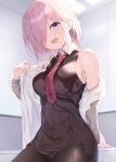  1girl :d bangs bare_shoulders black_dress black_legwear blush breasts collar collared_dress commentary_request dress fate/grand_order fate_(series) fine_fabric_emphasis hair_over_one_eye highres jacket large_breasts light_purple_hair looking_at_viewer maosame mash_kyrielight necktie off_shoulder open_mouth pantyhose pleated_dress print_neckwear short_hair sleeveless sleeveless_dress smile violet_eyes white_collar 