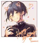  1boy absurdres ahoge animal_ears bangs baseball_cap black_hair black_jacket blush border brown_eyes cat_ears dangan_ronpa_(series) dangan_ronpa_v3:_killing_harmony dated fake_animal_ears fake_whiskers grey_background grin hair_between_eyes hakamii happy_birthday hat headwear_removed heart highres holding holding_clothes holding_hat jacket long_sleeves looking_at_viewer male_focus one_eye_closed saihara_shuuichi short_hair smile solo striped_jacket upper_body white_border 