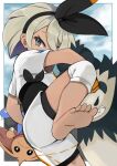  1girl bangs barefoot bea_(pokemon) black_bodysuit black_hairband blonde_hair bodysuit bodysuit_under_clothes border bow_hairband collared_shirt commentary_request cu-sith gen_2_pokemon gen_6_pokemon grey_eyes gym_leader hair_between_eyes hairband hitmontop knee_pads leg_up looking_at_viewer outside_border pangoro pokemon pokemon_(creature) pokemon_(game) pokemon_swsh shirt short_hair short_sleeves shorts soles toes white_border white_shorts 