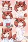  1girl :d :o animal_ears bangs bare_arms bare_shoulders blush bow brown_eyes brown_hair chibi closed_mouth collarbone commentary_request cup ear_bow eyebrows_visible_through_hair flying_sweatdrops green_bow grey_kimono hair_between_eyes hair_down highres horse_ears horse_girl horse_tail japanese_clothes kimono looking_at_viewer mikurun multicolored_hair multiple_views naked_towel nice_nature_(umamusume) obi onsen open_mouth parted_lips sash sitting smile streaked_hair tail towel twintails umamusume yunomi 