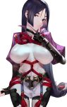 1girl armor black_gloves black_hair blazpu bodysuit breasts covered_navel fate/grand_order fate_(series) feet_out_of_frame fingerless_gloves forehead gloves highres large_breasts lips long_hair looking_at_viewer minamoto_no_raikou_(fate) pelvic_curtain purple_bodysuit smile solo very_long_hair 
