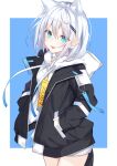  1girl :p animal_ear_fluff animal_ears aqua_eyes chroemaguro extra_ears hair_ornament hairclip hands_in_pockets hood hood_down hoodie jacket long_sleeves looking_at_viewer no_pants open_clothes open_jacket original short_hair tongue tongue_out white_hair white_hoodie 