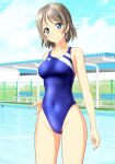  1girl absurdres bare_arms bare_legs bare_shoulders blue_eyes blue_sky blue_swimsuit brown_hair clouds competition_swimsuit covered_navel cowboy_shot day head_tilt highres looking_at_viewer love_live! love_live!_sunshine!! one-piece_swimsuit outdoors parted_lips short_hair sky solo standing sweatdrop swimsuit takafumi tight watanabe_you 