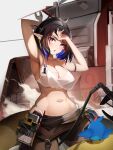  1girl absurdres arknights armpits bird blue_eyes breasts clearhand eunectes_(arknights) eunectes_(forgemaster)_(arknights) gloves gloves_removed high_priest_(arknights) highres huge_filesize large_breasts navel pointy_ears rhodes_island_logo skindentation snake_tail sweat tail wiping_forehead 
