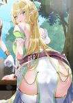  1girl ass back bangs bare_shoulders belt blonde_hair blue_eyes blue_sky blush breasts elf highres large_breasts long_hair looking_back open_mouth original pointy_ears shirosuzu sky solo_focus 