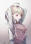  1girl ahoge akamatsu_kaede arms_up backpack bag bangs blonde_hair breasts commentary_request dangan_ronpa_(series) dangan_ronpa_v3:_killing_harmony from_side goto_(sep) gradient gradient_background grey_background hair_ornament hair_tie_in_mouth highres large_breasts long_hair long_sleeves looking_at_viewer mouth_hold musical_note_hair_ornament necktie shirt solo sweater_vest tying_hair upper_body violet_eyes white_shirt 