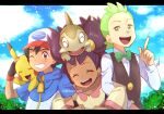  1girl 2boys :d artist_name ash_ketchum axew bangs baseball_cap black_hair blue_jacket blurry bow bowtie brown_eyes brown_vest chitozen_(pri_zen) cilan_(pokemon) closed_eyes clouds commentary_request day eyelashes fingerless_gloves gen_1_pokemon gen_5_pokemon gloves green_eyes green_hair green_neckwear grin hat index_finger_raised iris_(pokemon) jacket letterboxed locked_arms long_hair long_sleeves looking_at_viewer multiple_boys no_sclera on_head one_eye_closed open_mouth outdoors pikachu pokemon pokemon_(anime) pokemon_(creature) pokemon_bw_(anime) pokemon_on_back pokemon_on_head purple_hair shirt short_sleeves sky smile tongue upper_teeth vest watermark white_shirt zipper_pull_tab |d 