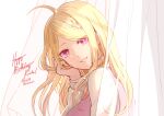  ahoge akamatsu_kaede artist_name bangs beamed_eighth_notes blonde_hair character_name dangan_ronpa_(series) dangan_ronpa_v3:_killing_harmony dated eighth_note from_side hair_ornament hakamii hand_up happy_birthday head_tilt highres long_hair long_sleeves looking_at_viewer looking_to_the_side musical_note musical_note_hair_ornament pink_eyes pink_vest shirt smile solo sweater_vest teeth upper_body vest 