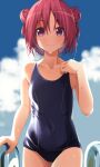  1girl akaza_akari blue_sky blue_swimsuit blurry clouds collarbone commentary_request cowboy_shot depth_of_field double_bun flat_chest highres looking_at_viewer pool_ladder red_eyes redhead school_swimsuit short_hair sky solo swimsuit tennosuke_(tejons) yuru_yuri 