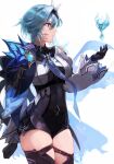  1girl blue_hair blue_neckwear bodystocking breasts cape cowboy_shot eula_(genshin_impact) genshin_impact gloves hairband highres leotard long_sleeves looking_to_the_side lunateelf medium_breasts necktie parted_lips skindentation solo thigh-highs thigh_strap wide_sleeves 