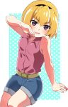  1girl :d absurdres arm_at_side bangs bare_arms bare_shoulders belt black_hairband blonde_hair blue_background blue_shorts blush border breasts collared_shirt commentary_request eyebrows_visible_through_hair fang feet_out_of_frame hairband hand_up highres higurashi_no_naku_koro_ni houjou_satoko looking_at_viewer mashimaro_tabetai nail_polish open_mouth outside_border pink_nails pink_shirt polka_dot polka_dot_background shirt short_hair shorts skin_fang sleeveless sleeveless_shirt small_breasts smile solo violet_eyes white_border 