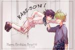  2boys against_wall amami_rantarou antenna_hair arm_at_side bangs black_footwear buttons checkered checkered_scarf dangan_ronpa_(series) dangan_ronpa_v3:_killing_harmony dated double-breasted eye_contact from_side green_hair grin hair_between_eyes hakamii hand_on_another&#039;s_chin hand_on_hip happy_birthday highres jacket jewelry legs_together long_sleeves looking_at_another multiple_boys necklace ouma_kokichi pants purple_hair scarf shiny shiny_hair shirt shoes short_hair smile striped striped_shirt trembling white_jacket white_pants 